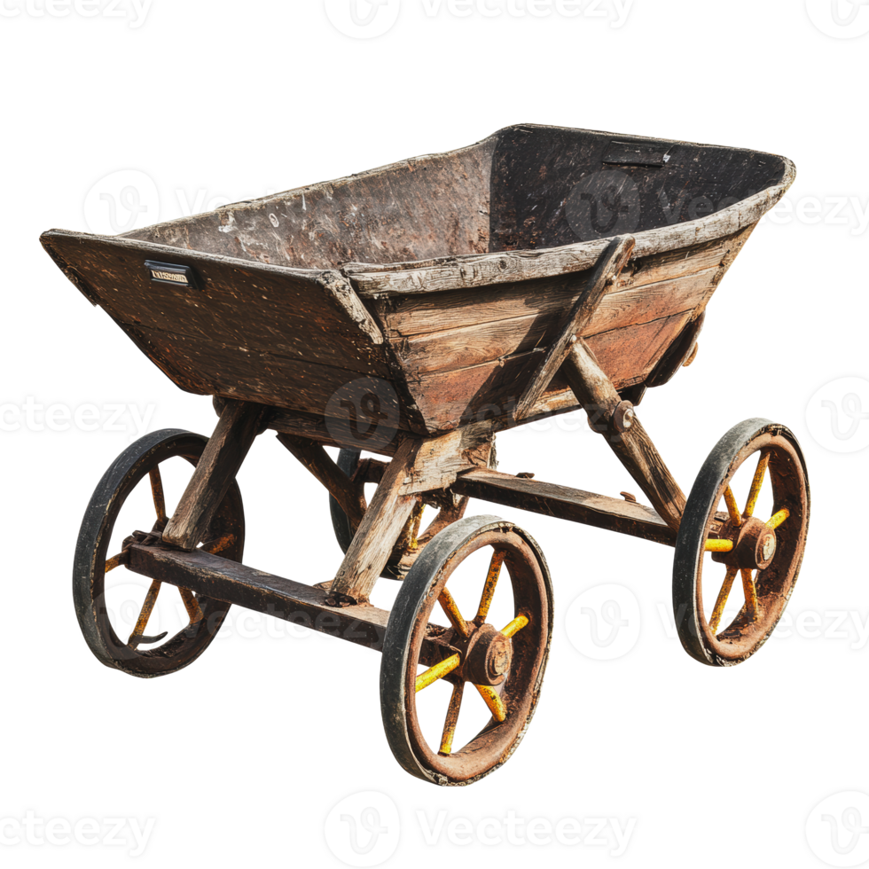 Vintage wooden cart on wheels, used for transporting goods, displaying rustic charm and craftsmanship png