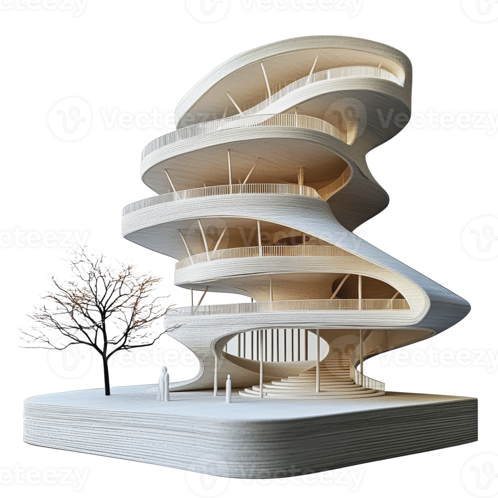 Modern spiral building design with wooden elements and a minimalist aesthetic png