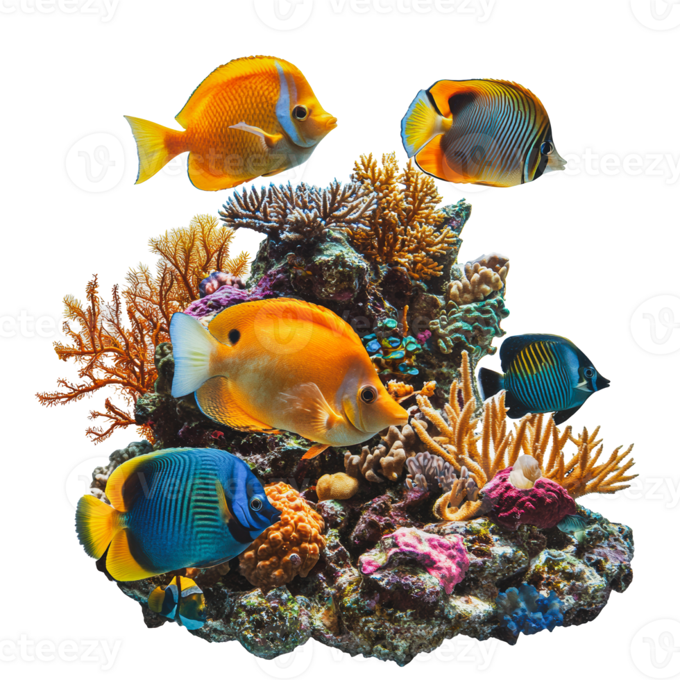 Colorful tropical fish swimming around vibrant coral reef in a clear aquarium png