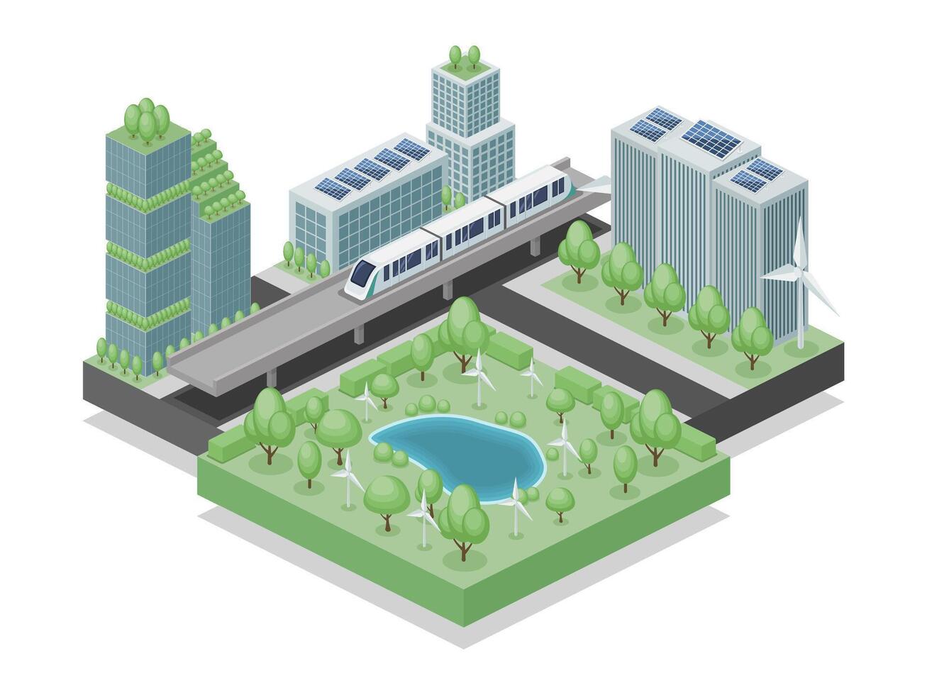 isometric green sustainable city. urban forest, green building included architecture, green roof, solar cell, trees, windmill, landscape. vector