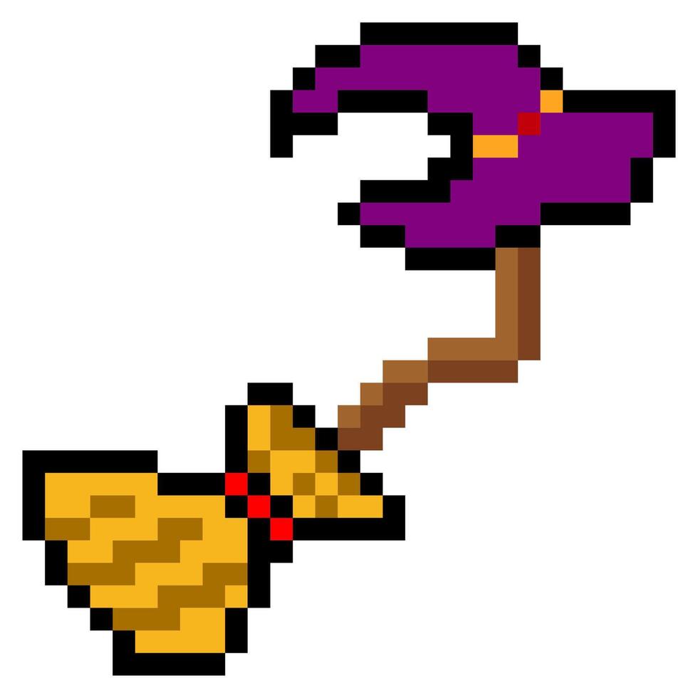 Magic broom witch hat in pixel art style vector