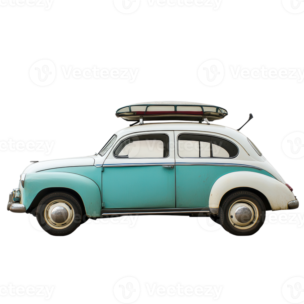 Classic vintage car with surfboard on roof, cut out - stock . png