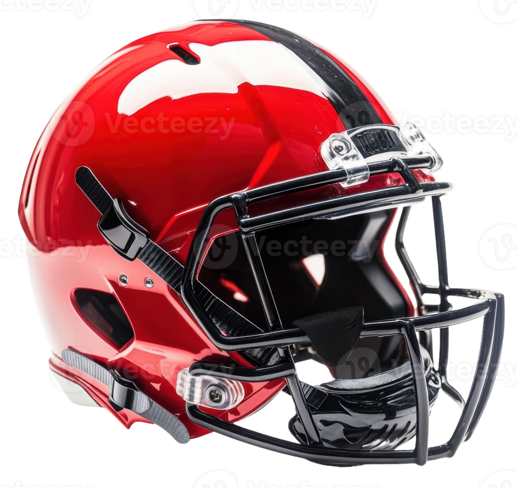 Red football helmet with black stripes displayed, cut out - stock . png
