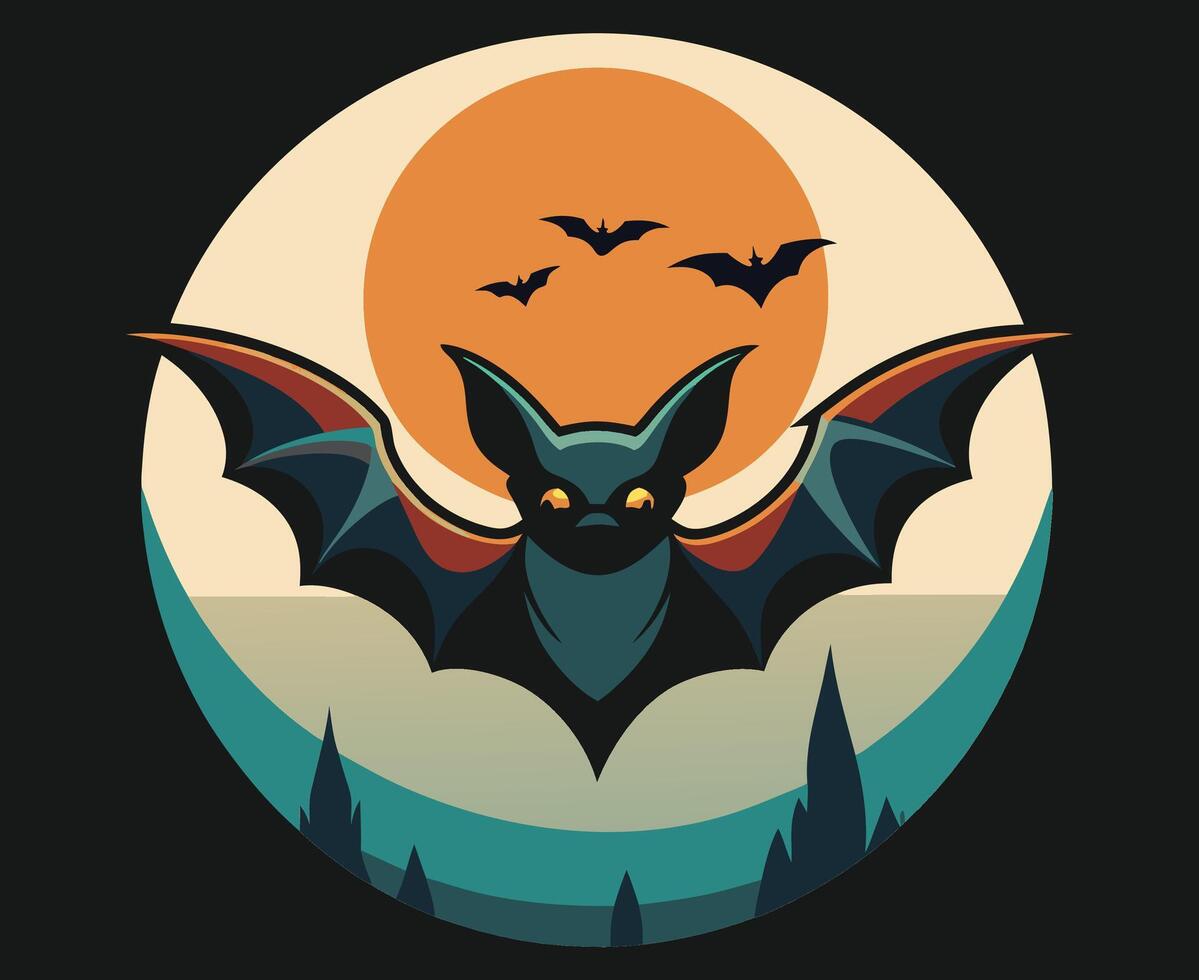 a bat flying in the sky with a sunset behind it on Halloween vector