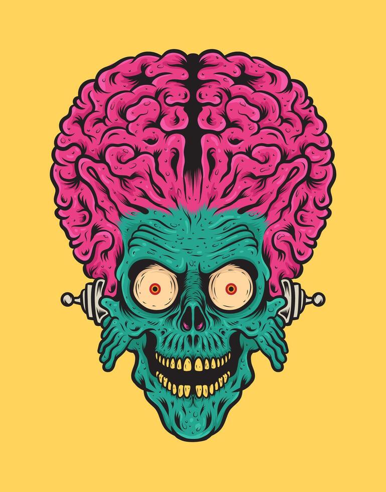 Head of Retro Vintage Alien with Big Brain. Mars Attack Illustration. vector
