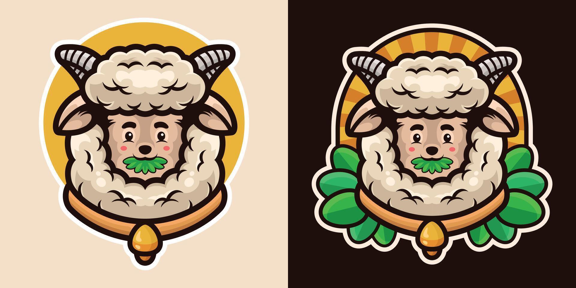 Cute head of sheep character eating grass and wearing a bell necklace logo mascot illustration vector