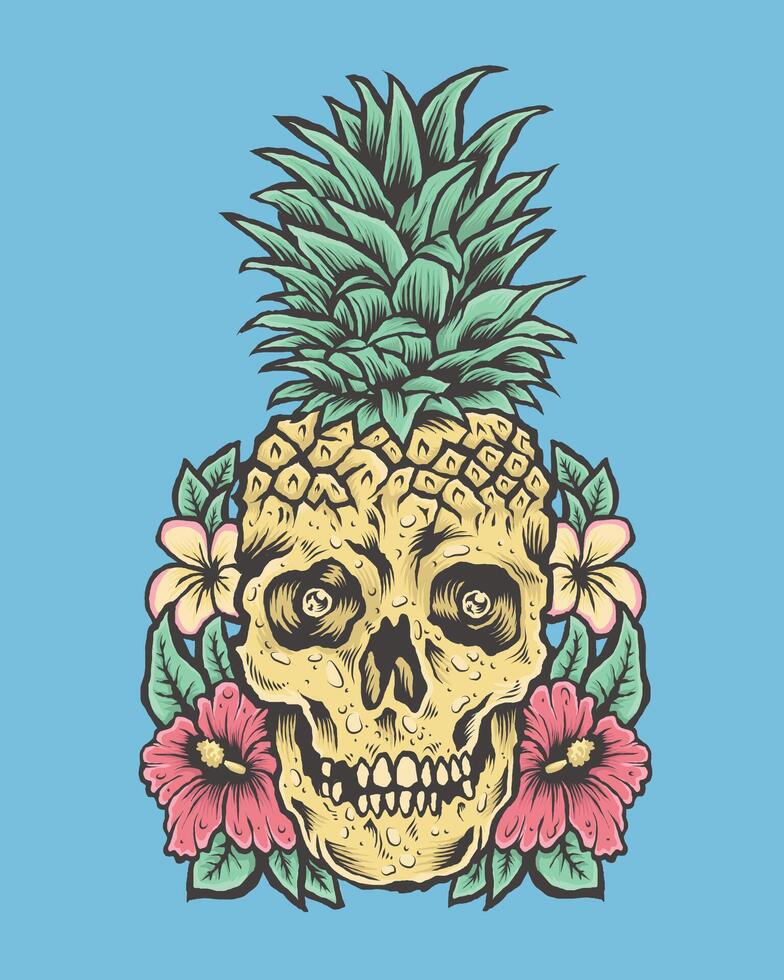 Skull with Pineapple Head and Flowers. Tropical Vibes Illustration vector