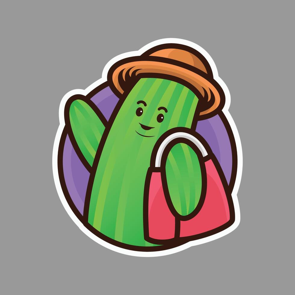 Cute cactus carrying shopping bags and wearing a hat logo mascot illustration vector