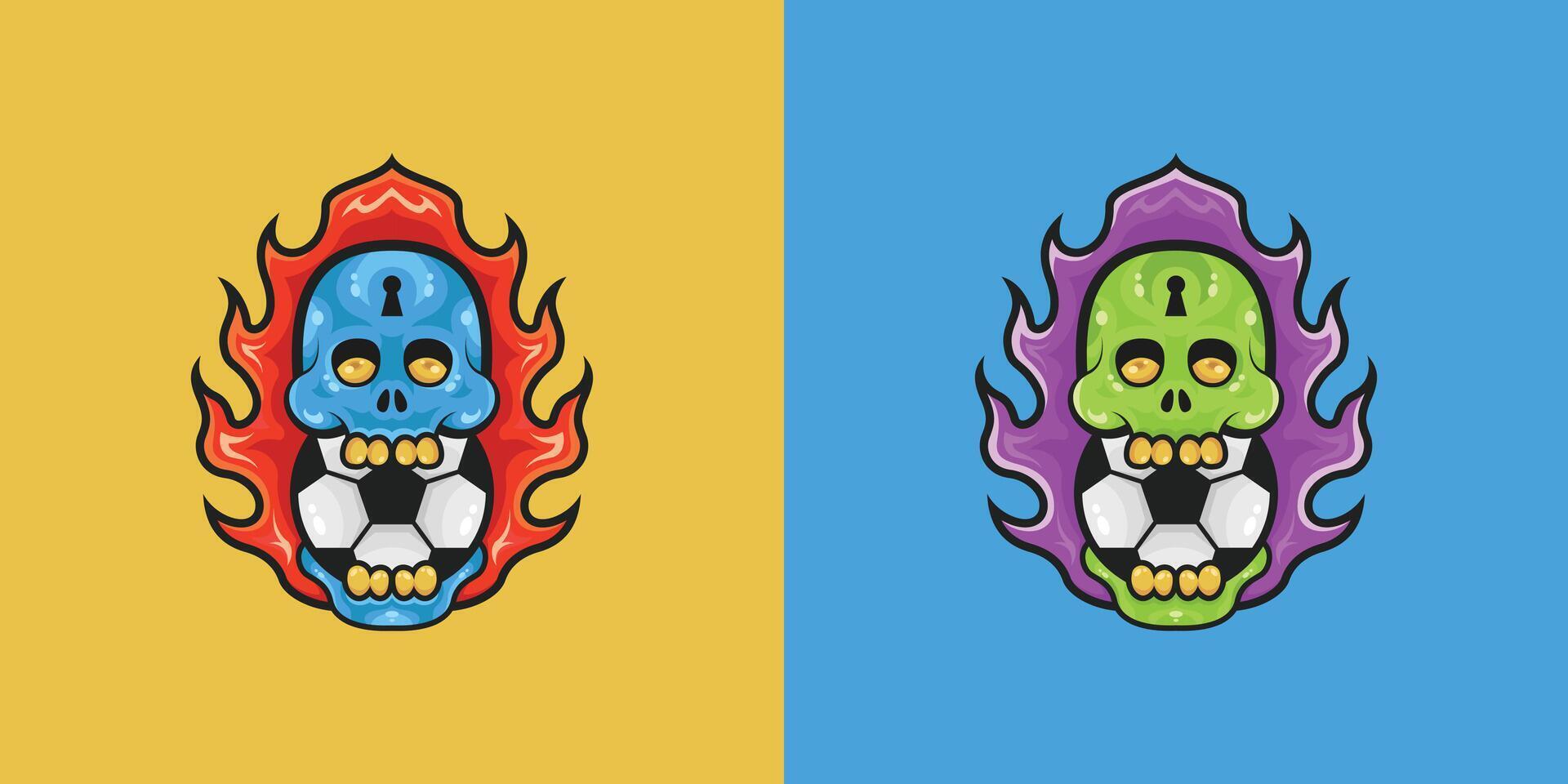 Skull with a keyhole in its head biting balls of fire around it mascot cartoon character illustration vector