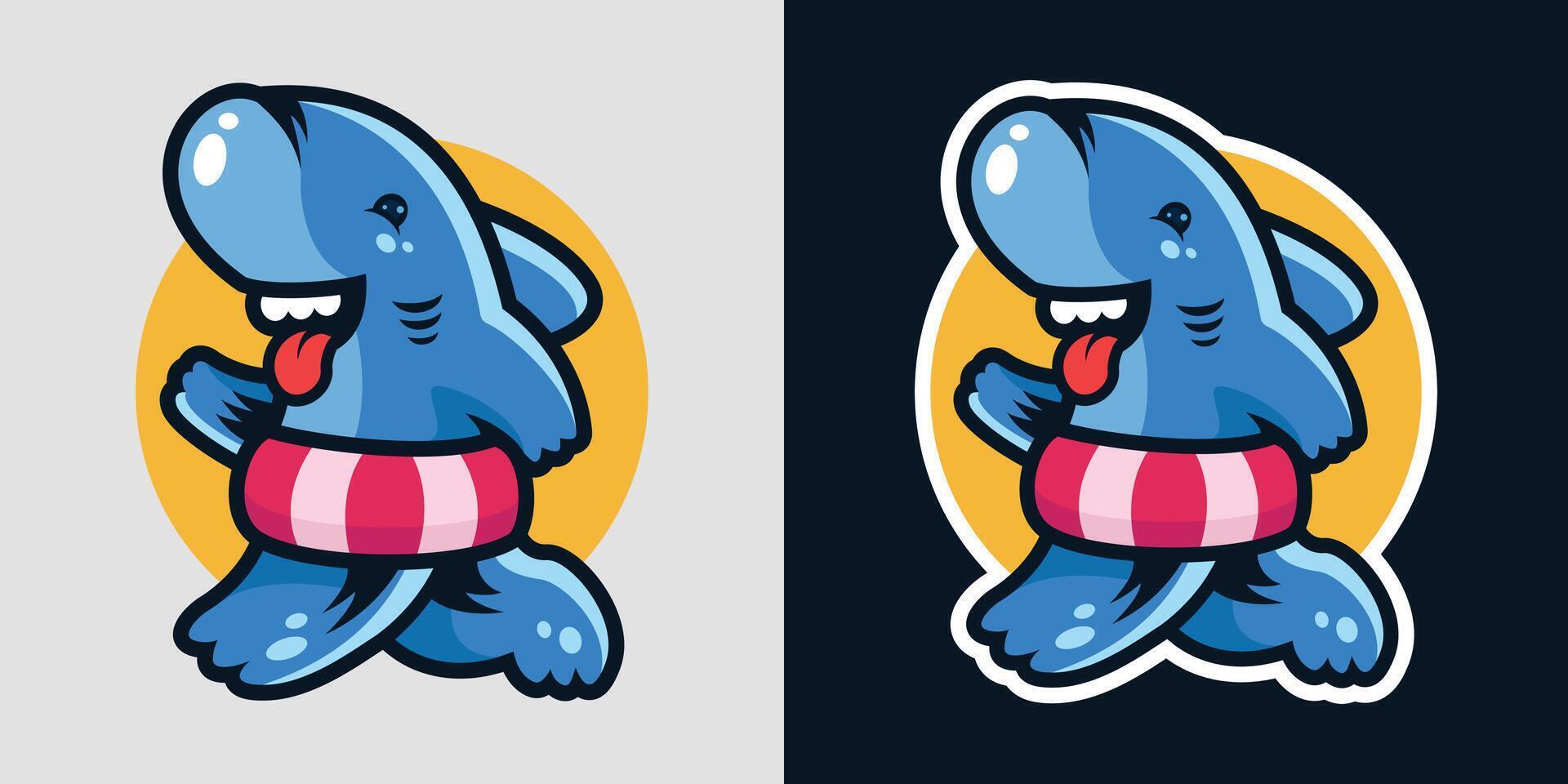 The shark character is walking wearing a swim ring to swim logo mascot illustration vector