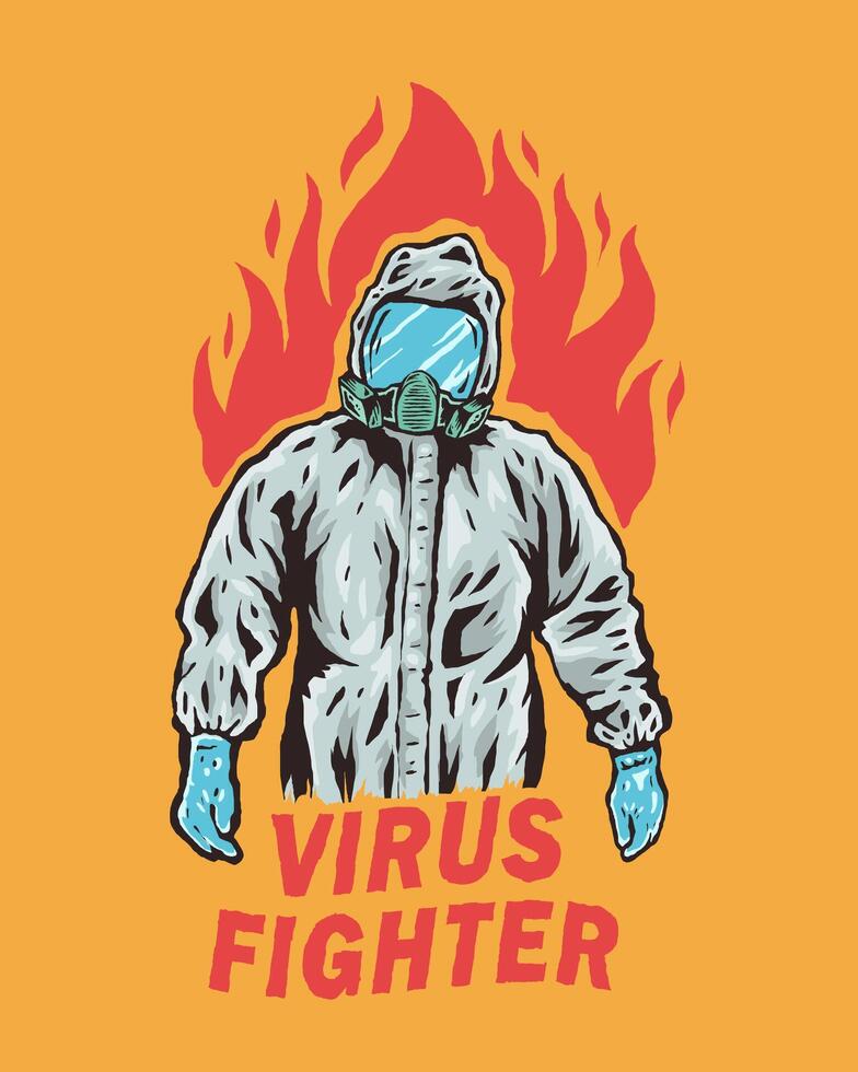 Medical workers in hazmat suits with flames behind vector