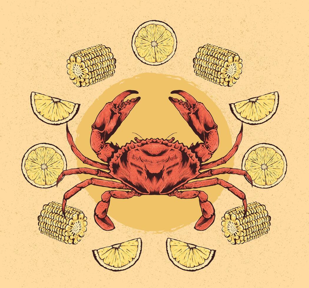 Hand Drawn Crab Illustration with Lemon and Corn vector