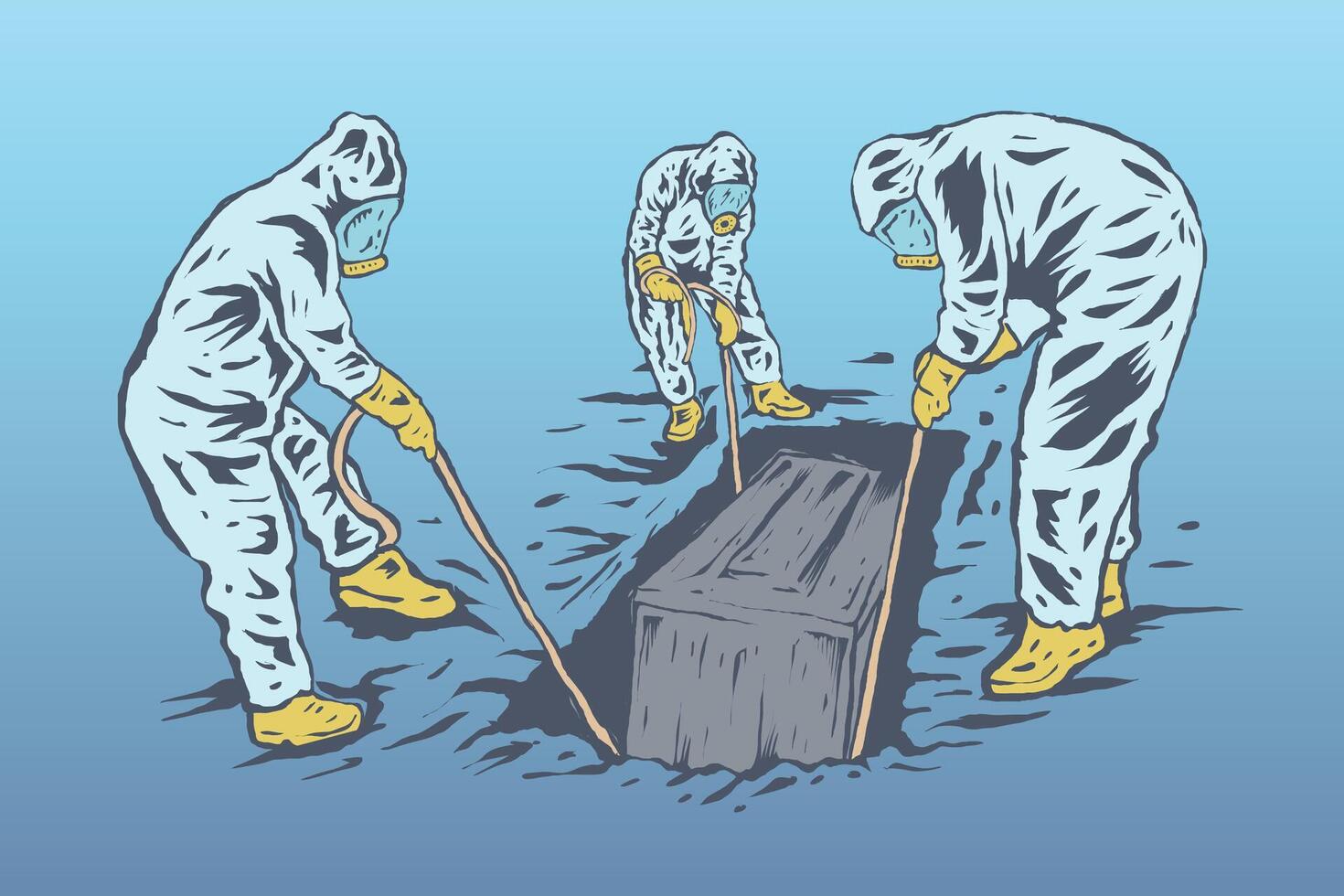the funeral process for corona patients by health workers wearing hazmat suits vector