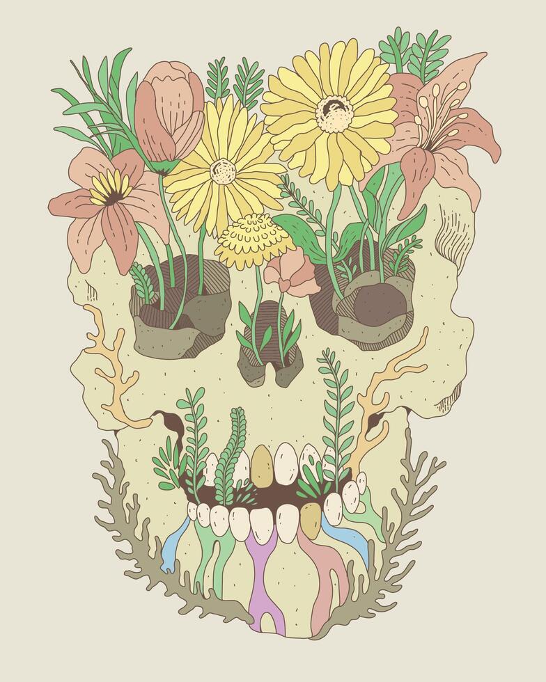 Skull with flowers hand drawing cartoon character illustration vector