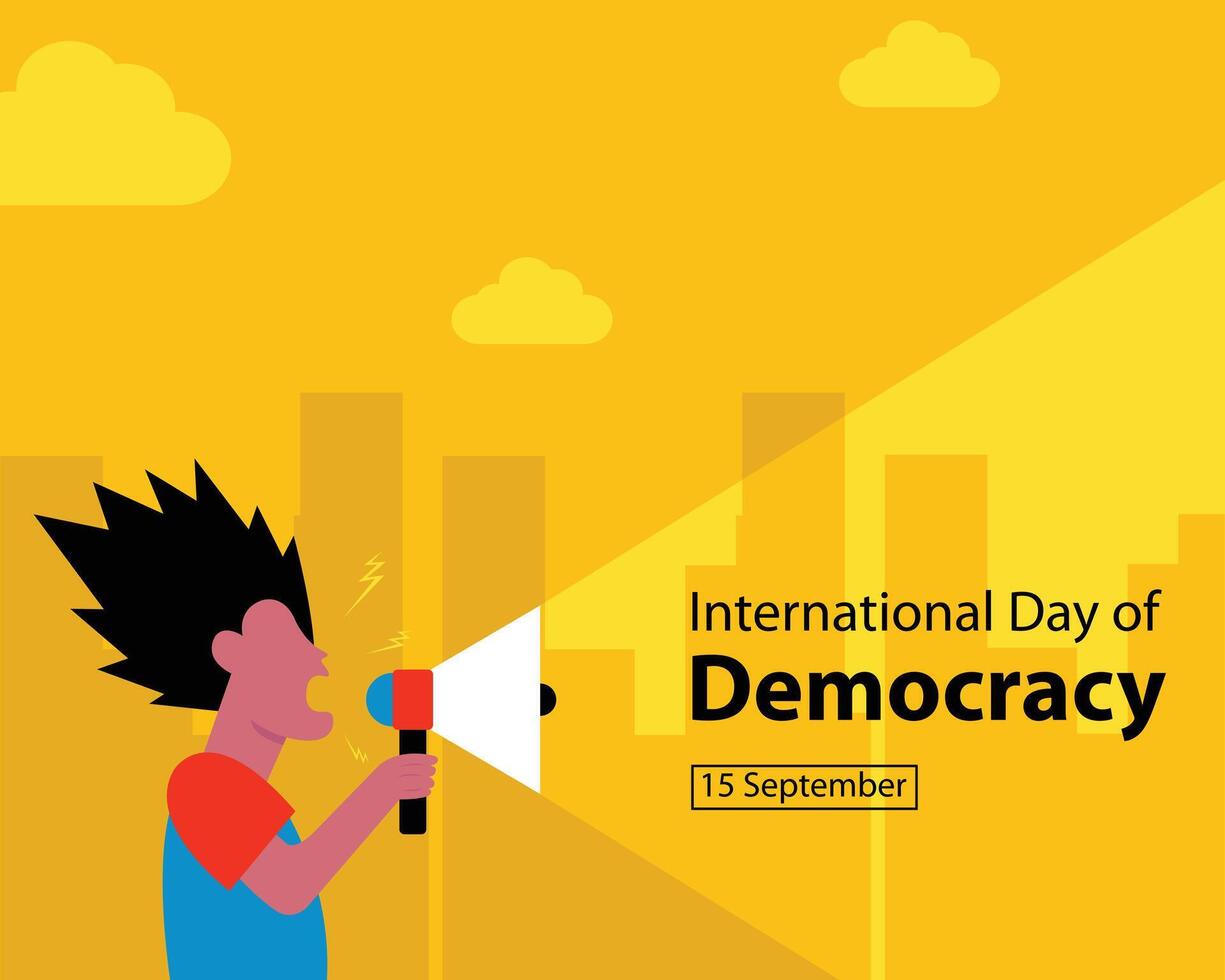 illustration graphic of someone using a megaphone in the middle of the city, perfect for international day, international day of democracy, celebrate, greeting card, etc. vector