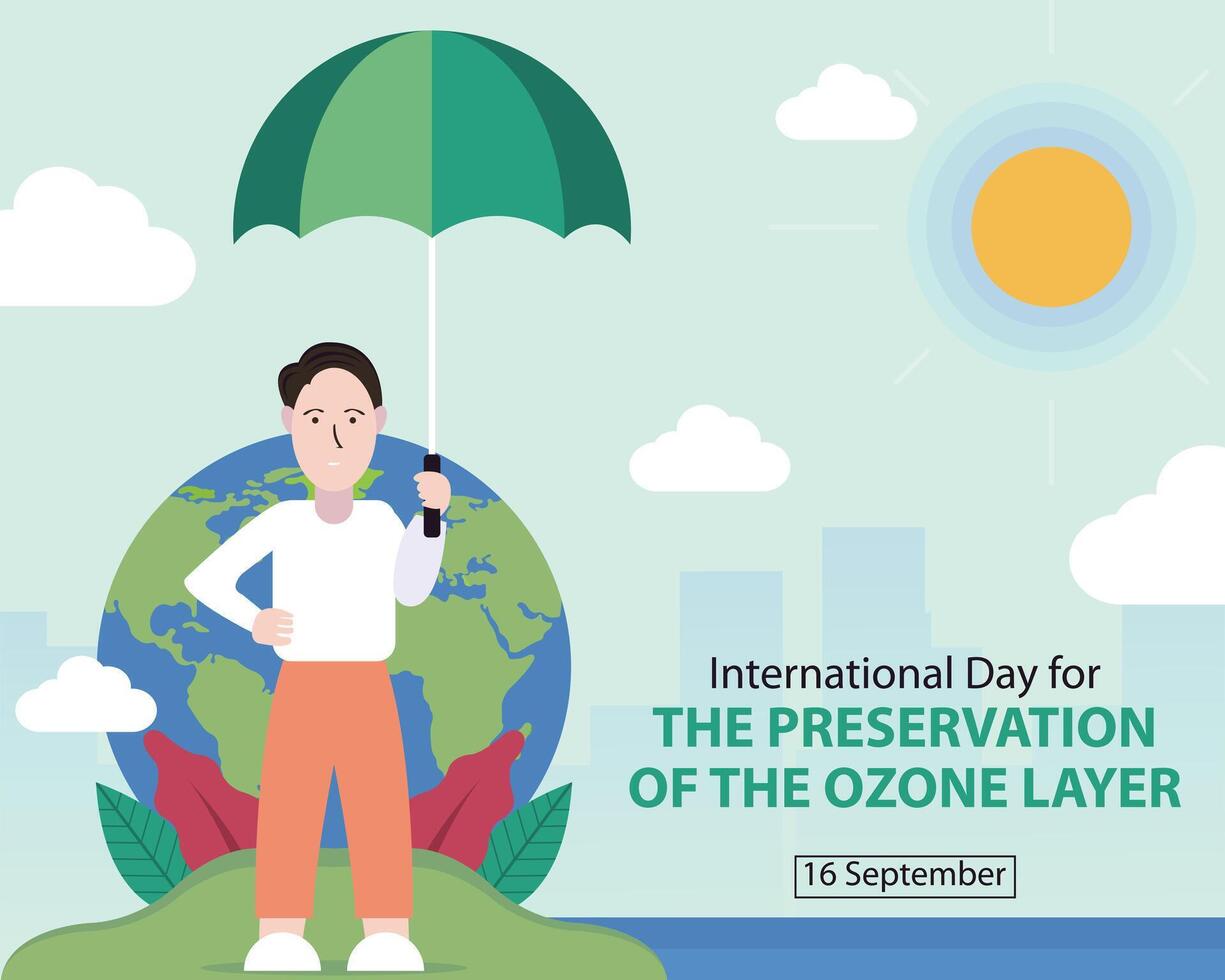 illustration graphic of a man uses an umbrella in hot weather, perfect for international day, the preservation of ozone layer, celebrate, greeting card, etc. vector