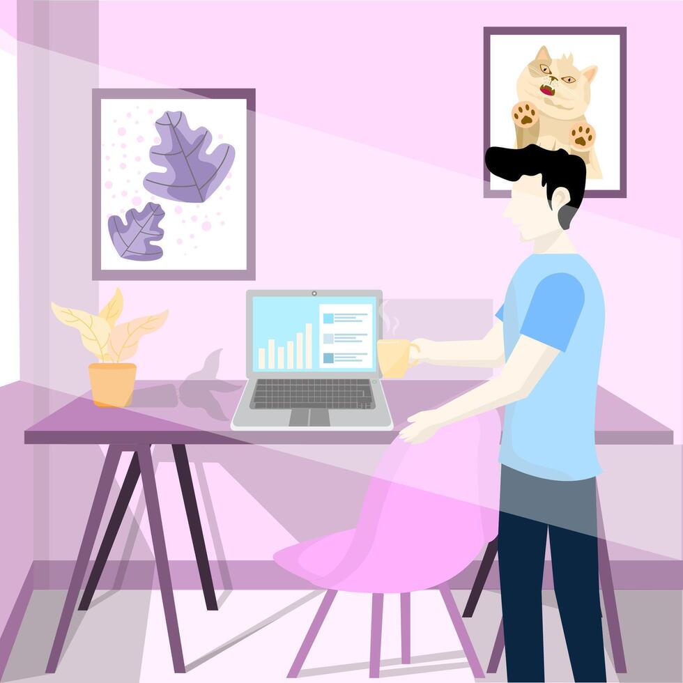 of minimalist workspace and enjoying coffee vector