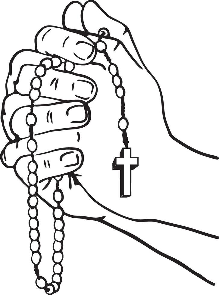Praying Hands Clasping a Rosary with Cross Pendant white and black Illustration vector