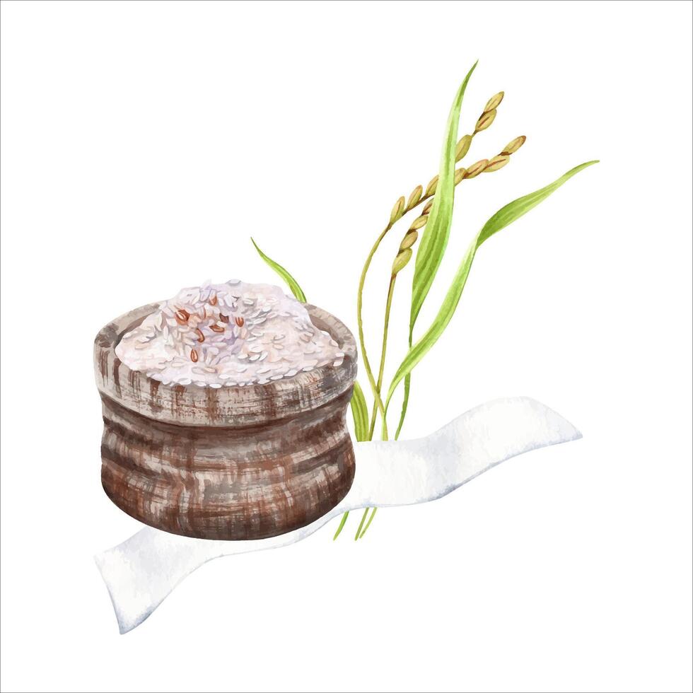 Traditional hessian bag with white rice grains and plant stalks. Hand drawn watercolor illustration isolated from background. Clip art for farm produce labels or product packaging. Organic food design vector