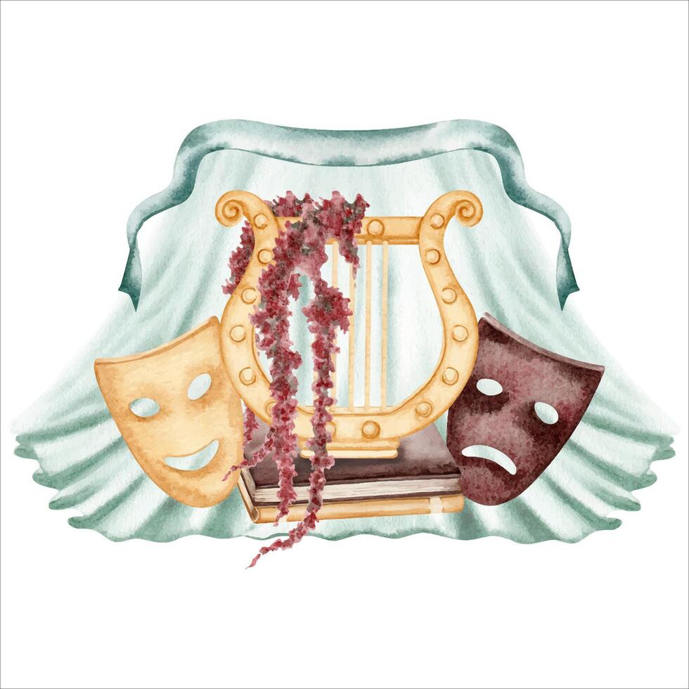 Ancient greek lyre with theatrical actors masks. Antique musical instrument. Watercolor illustration isolated from the background. For theatre and play posters, ticket designs, cards, musician gifts vector