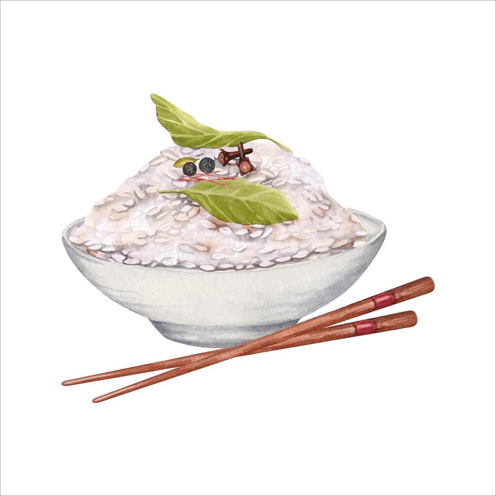 Plate with cooked white rice, chop sticks and spices. Hand drawn watercolor illustration isolated from the background. For restaurant and take away menu and crop packaging label designs vector