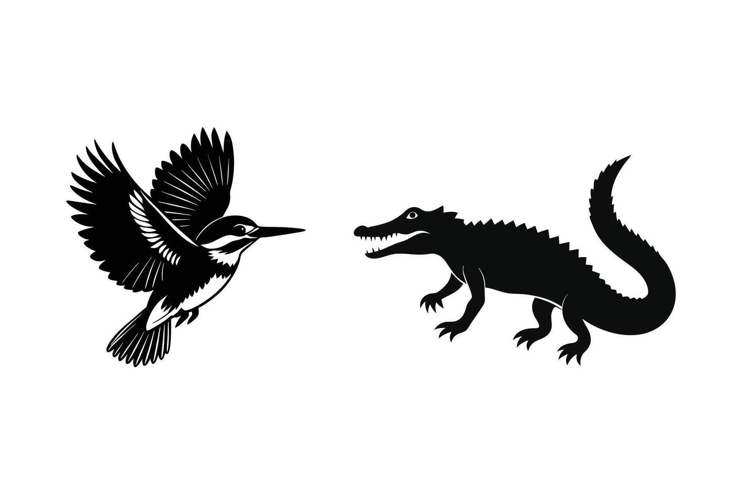 crocodile and bird Silhouette vector