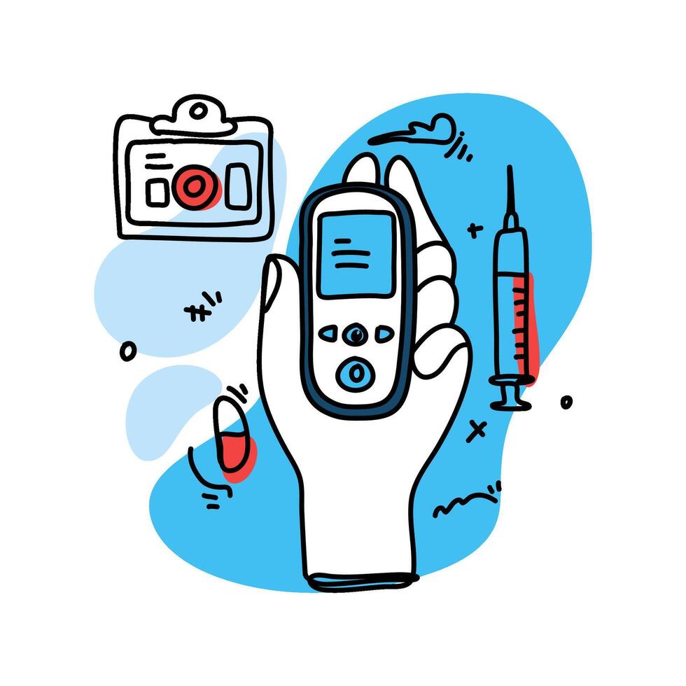 Illustration of a hand holding a cell phone and other medical equipment vector