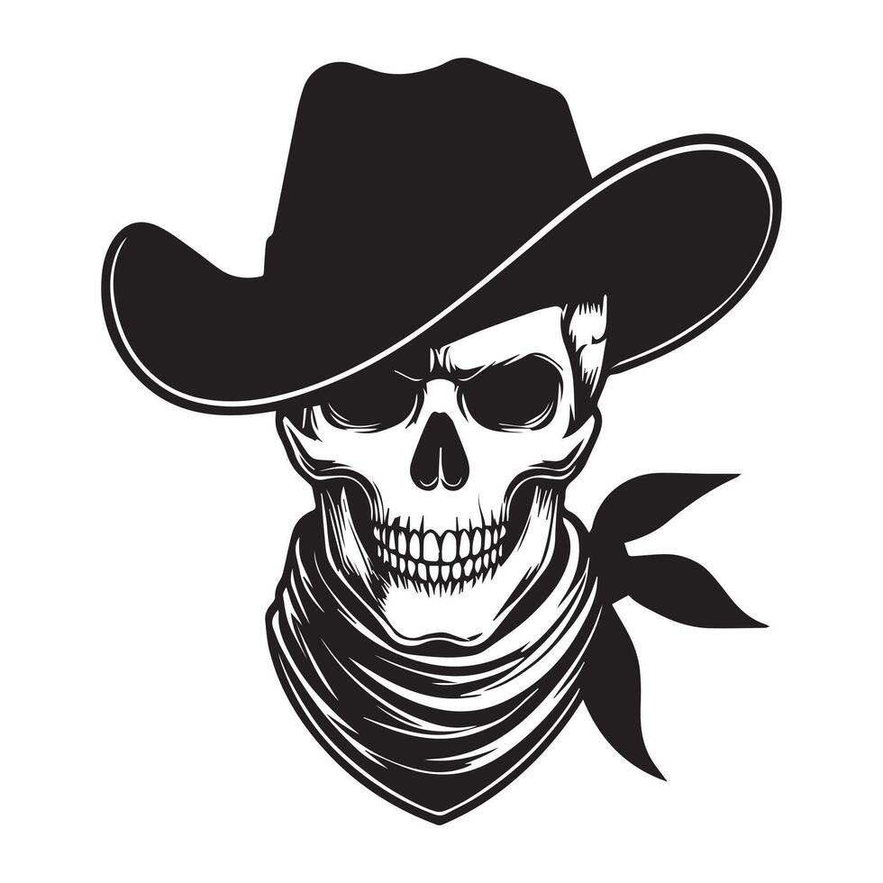Skeleton cowboy silhouette, Handkerchief cowboy skeleton Illustration in black and white vector