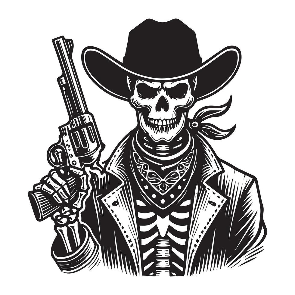 Skeleton cowboy silhouette, cowboy skeleton holding a revolver Illustration in black and white vector