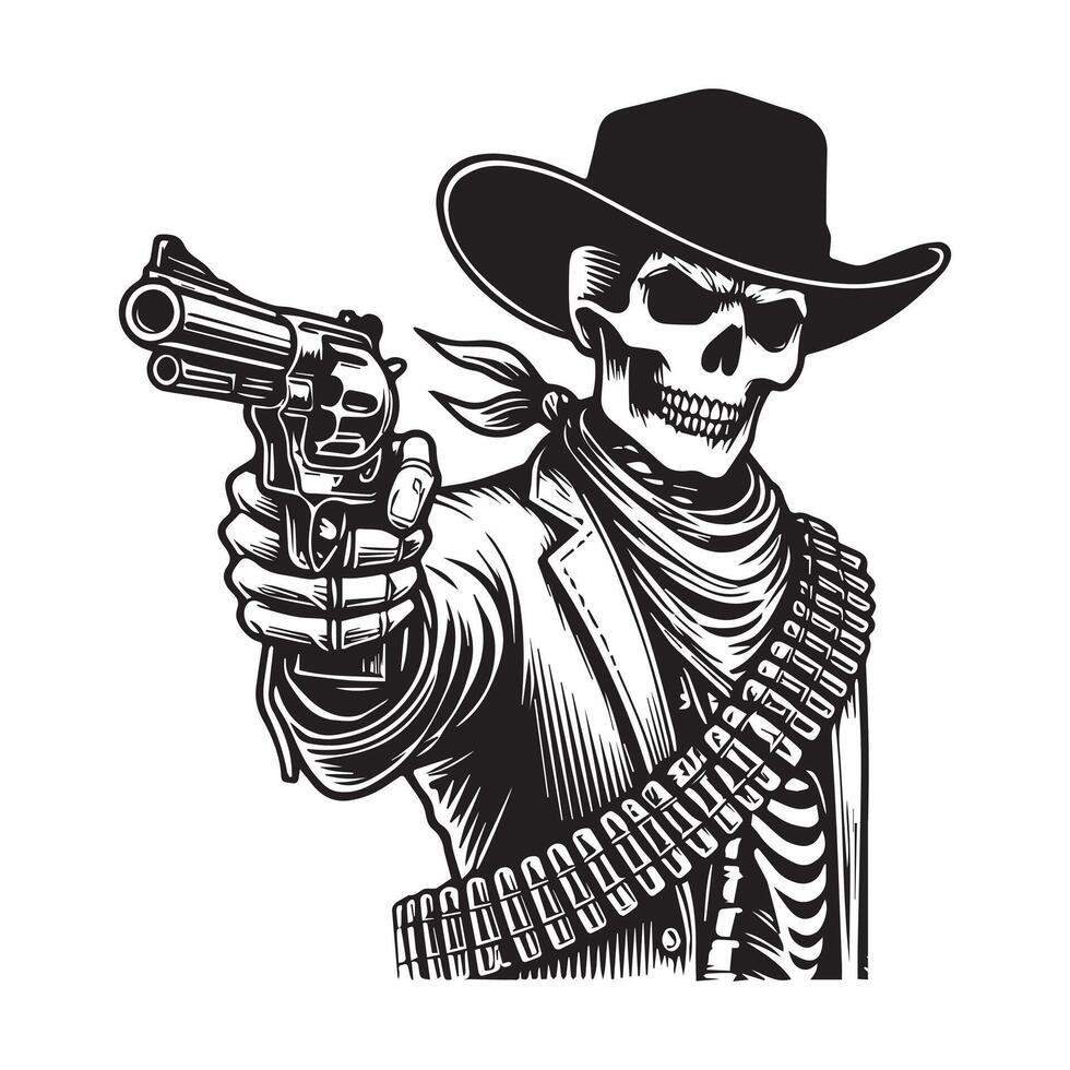 Skeleton cowboy silhouette, A skeleton cowboy holding a revolver Illustration in black and white vector