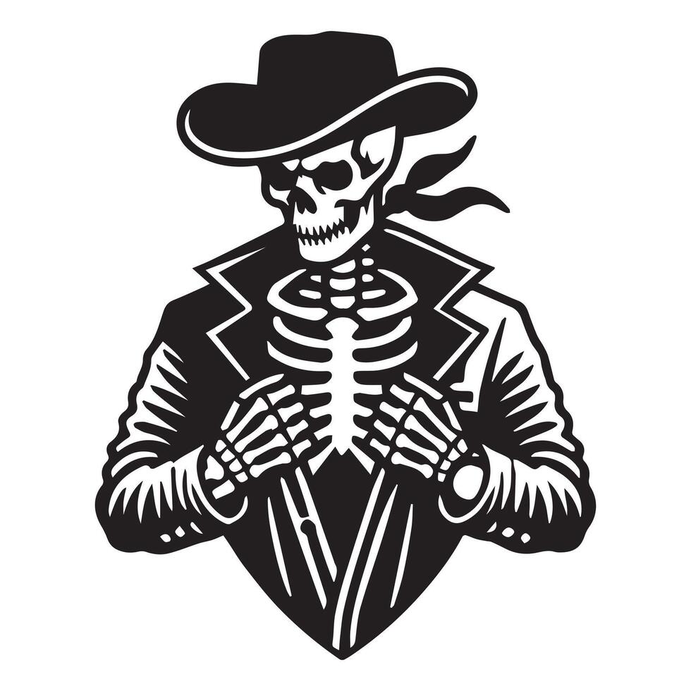 Skeleton cowboy silhouette, Ghostly the skeleton cowboy Illustration in black and white vector