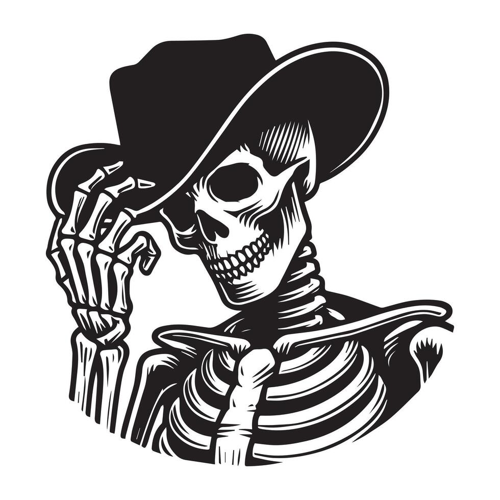 Skeleton cowboy silhouette, Skeleton cowboy Tip of the Hat Illustration in black and white vector