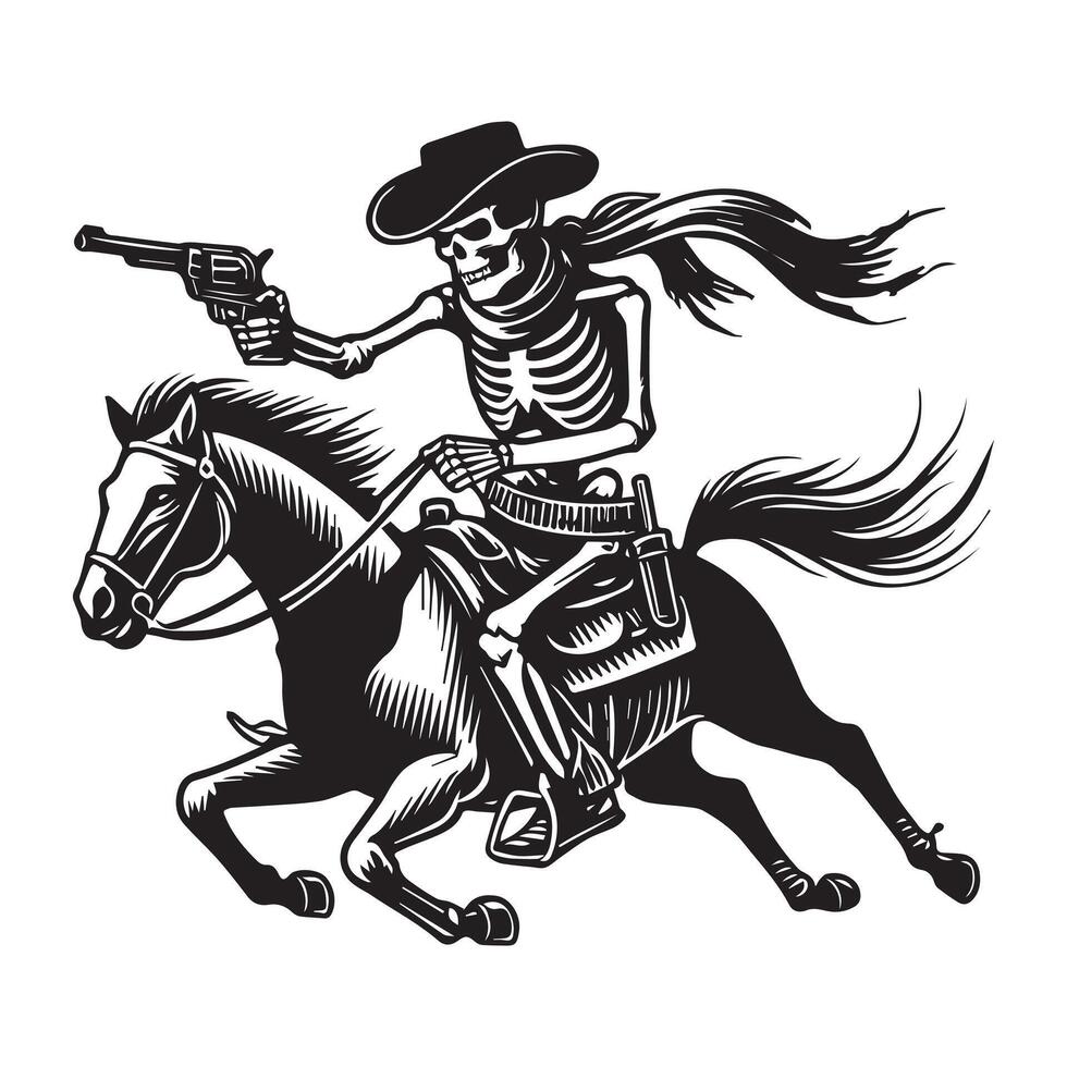 Skeleton cowboy silhouette, Rider of the Undead Illustration in black and white vector