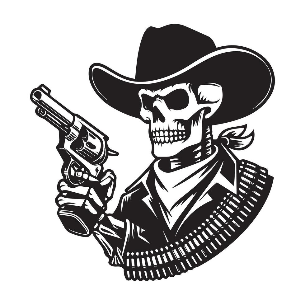 Skeleton cowboy silhouette, The Gunslinger Skeleton Illustration in black and white vector