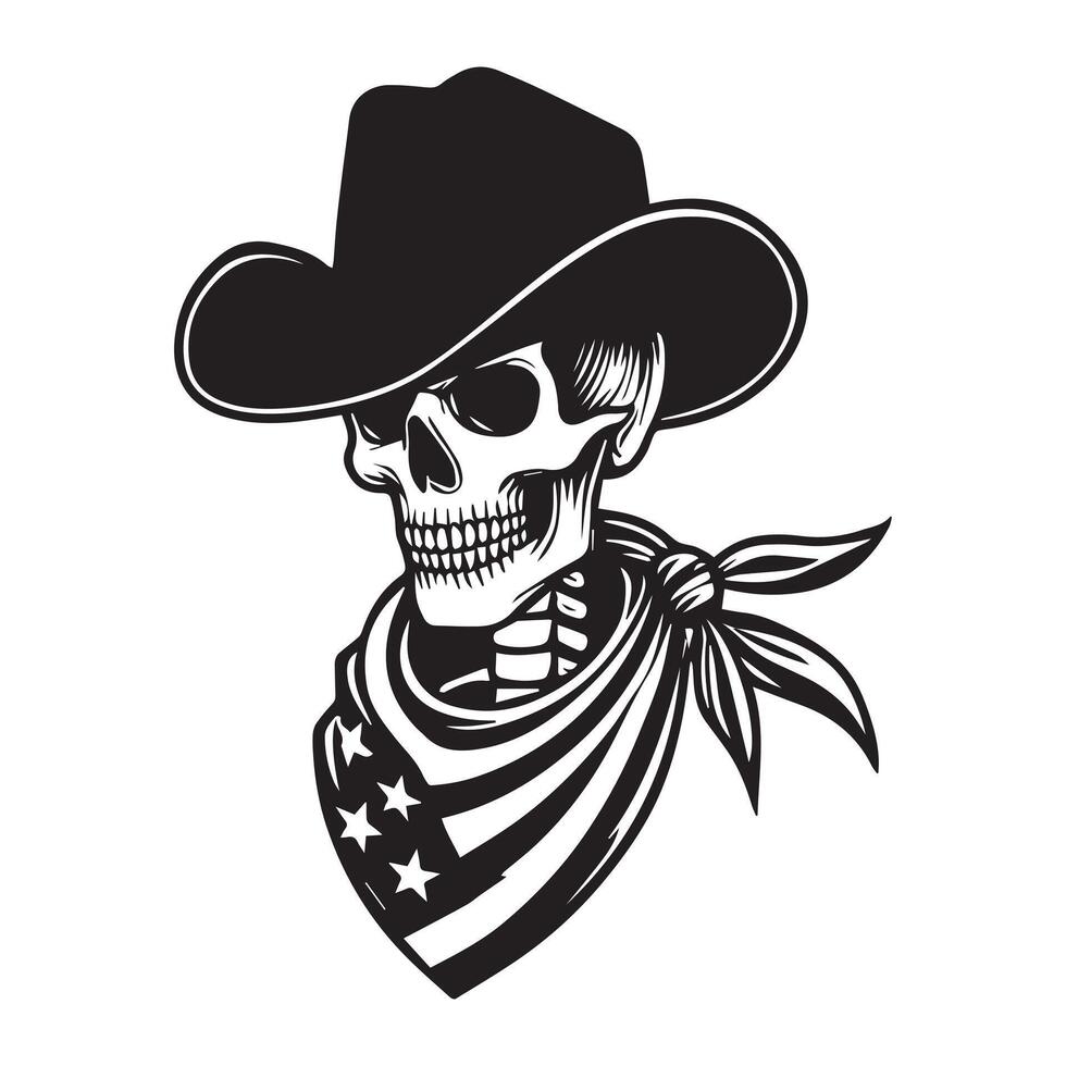 Skeleton cowboy silhouette, Patriotic Gunslinger Illustration in black and white vector