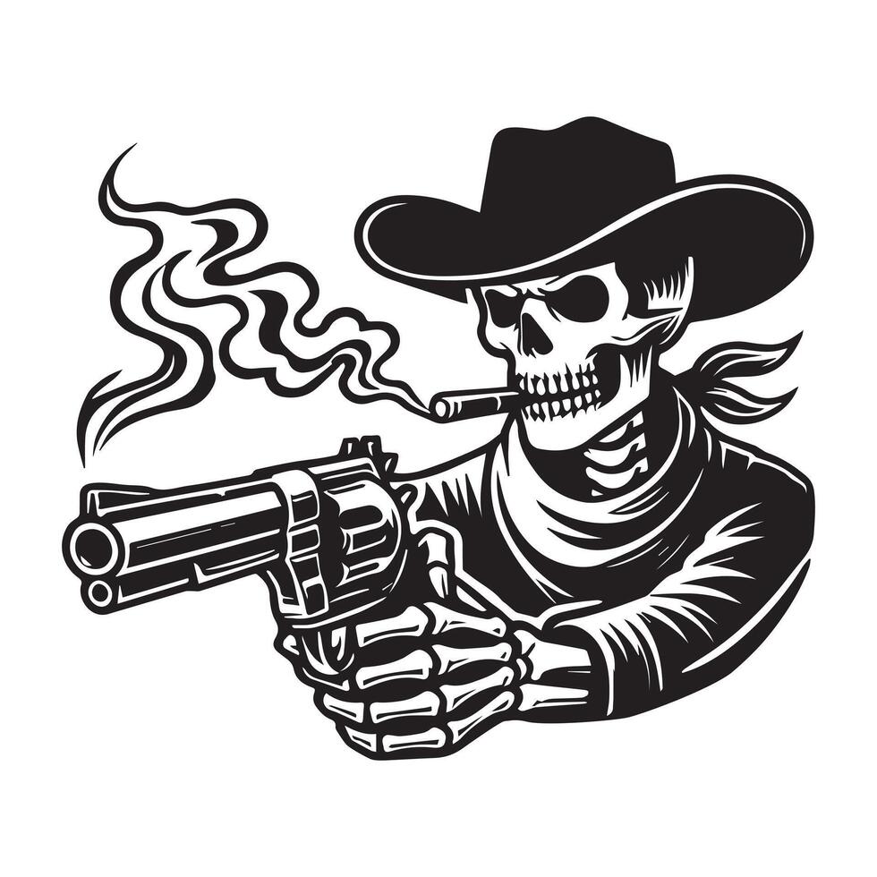 Skeleton cowboy silhouette, A Blowing Smoke Illustration in black and white vector
