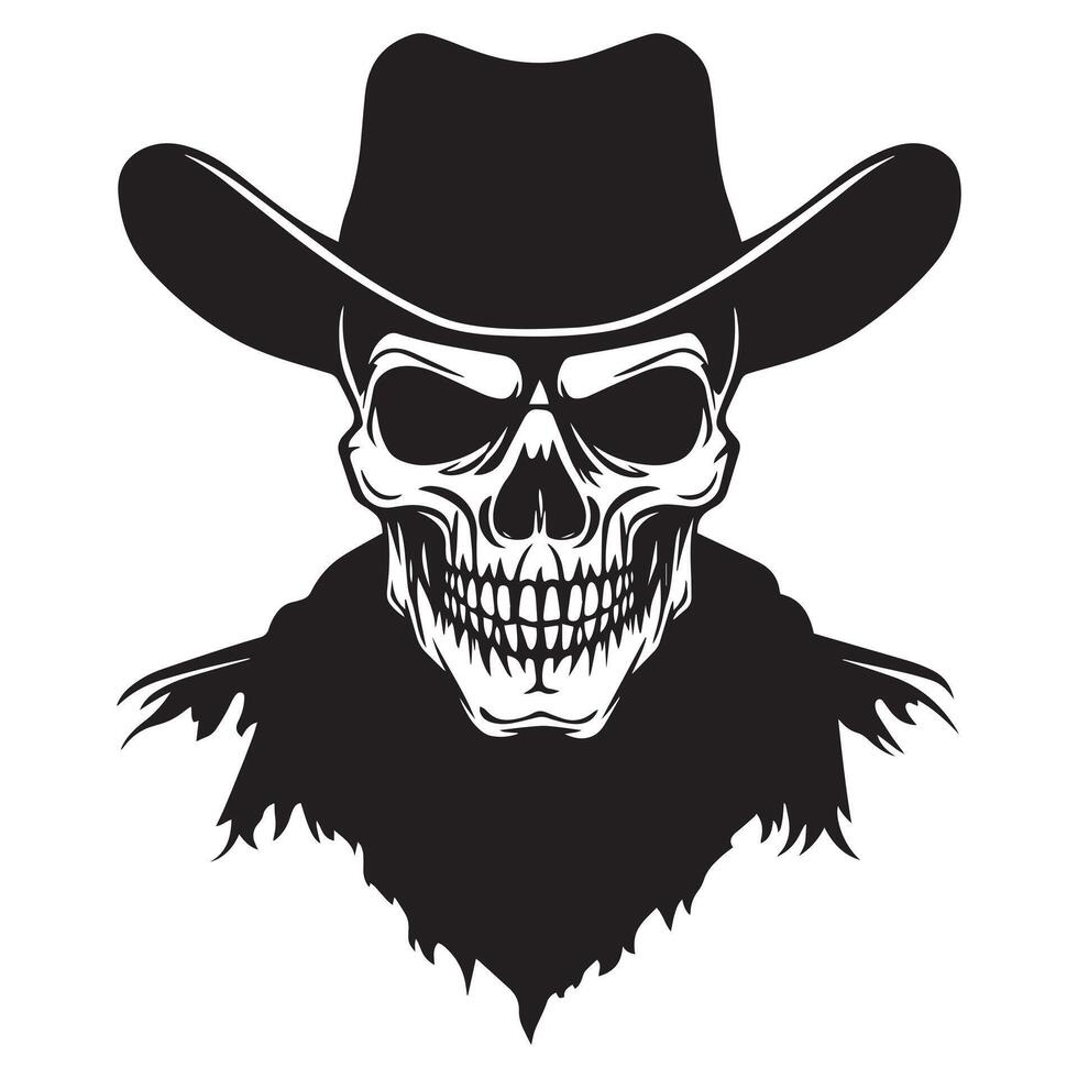 Skeleton cowboy silhouette, Cowboy skull Illustration in black and white vector