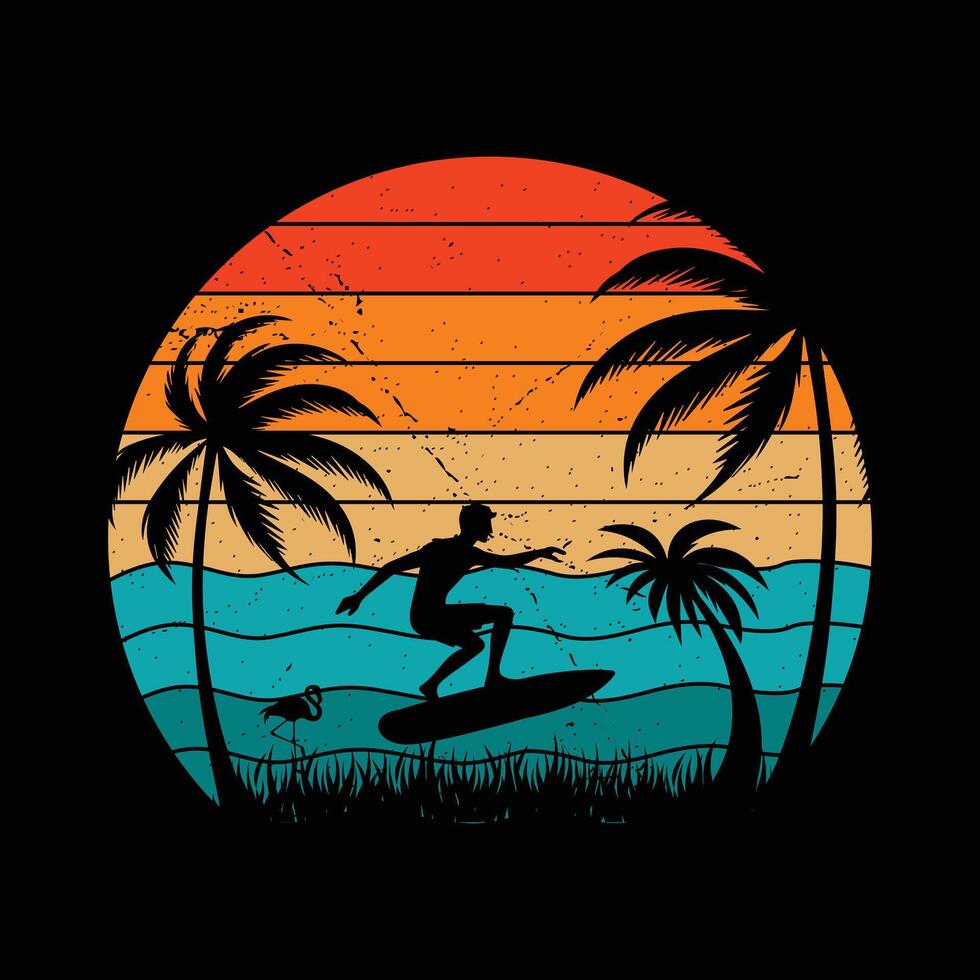 Retro Vintage Sunset T-shirt - Summer Beach Retro Vintage - Summer Beach Palm Tree Sunset vector