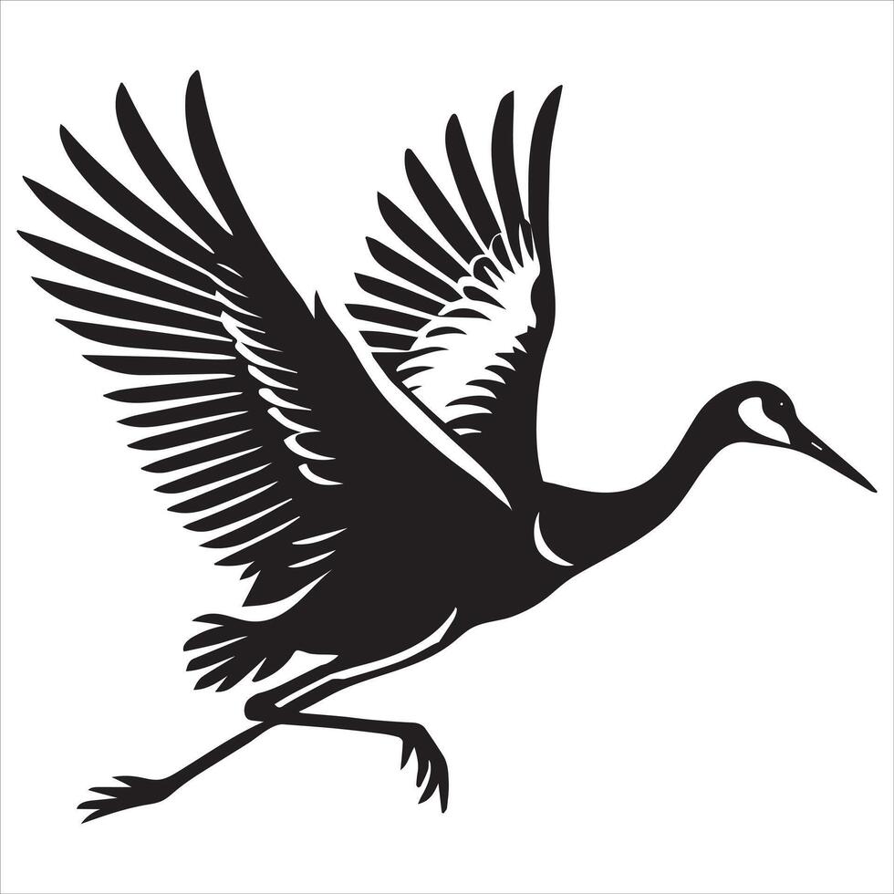 Sandhill crane Silhouette, Grus canadensis Bird Clipart, Sandhill Crane wings partially open illustration in black and white vector