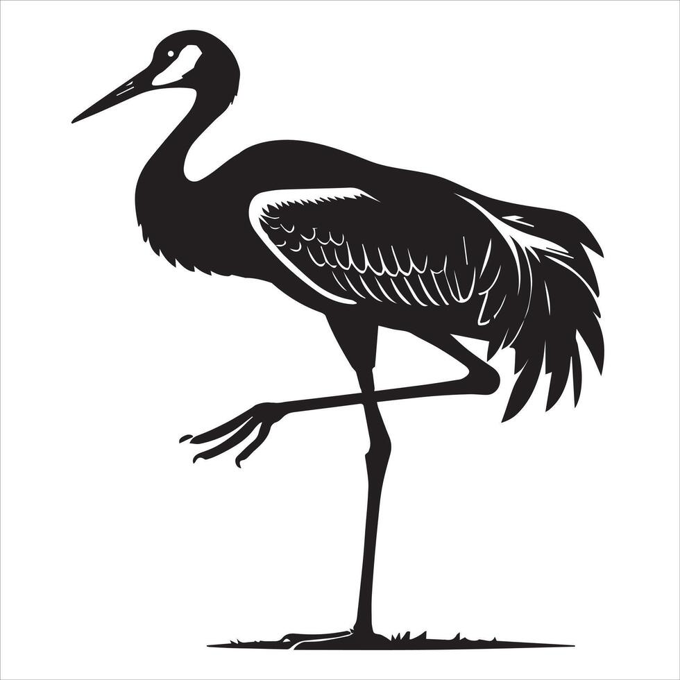 Sandhill crane Silhouette, Grus canadensis Bird Clipart, Sandhill Crane perched one leg raised illustration in black and white vector