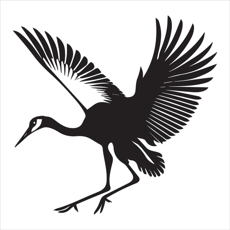 Sandhill crane Silhouette, Grus canadensis Bird Clipart, Sandhill crane wings extended illustration in black and white vector