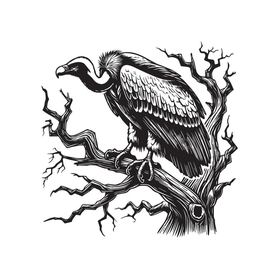 Vulture silhouette, Vulture Bird clipart, A vulture perched on a dead tree illustration vector