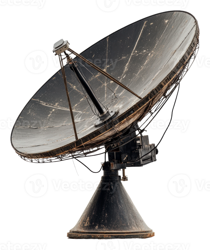 Old satellite dish on a stand for signal reception, cut out - stock . png