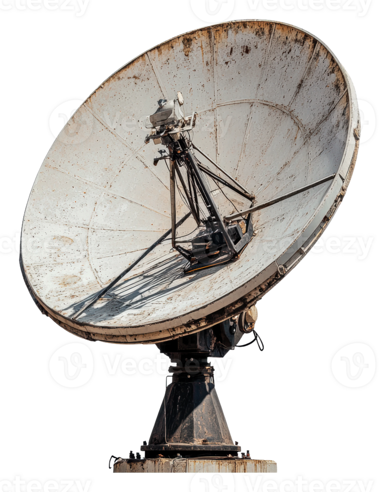 Satellite dish mounted on a pedestal outdoors, cut out - stock . png