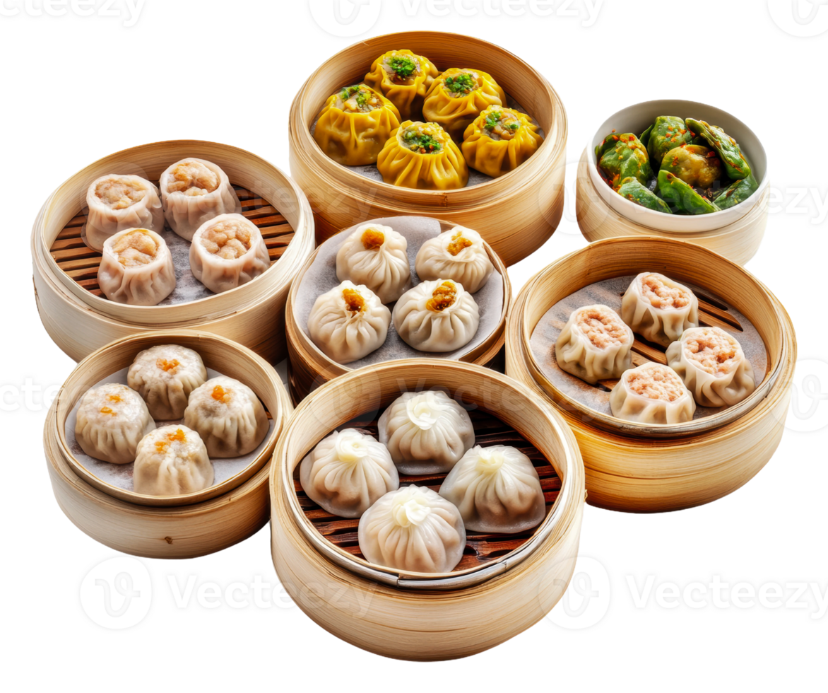 Dim sum platter in bamboo steamers, cut out - stock . png