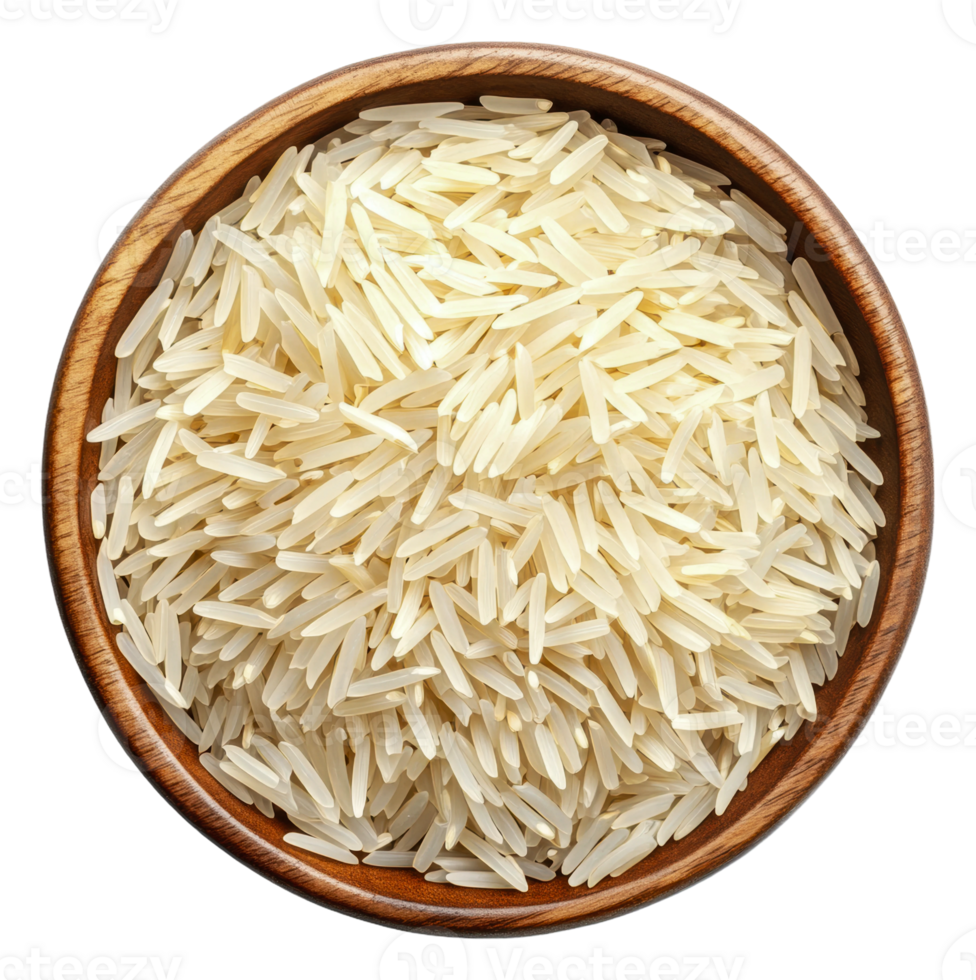 Raw basmati rice in a wooden bowl, cut out - stock . png