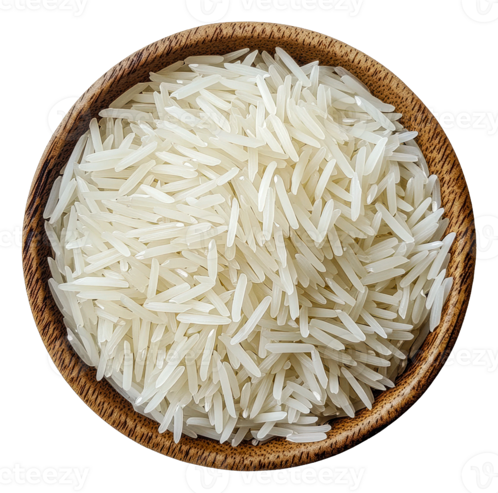 White rice in a wooden bowl on a plain background, cut out - stock . png