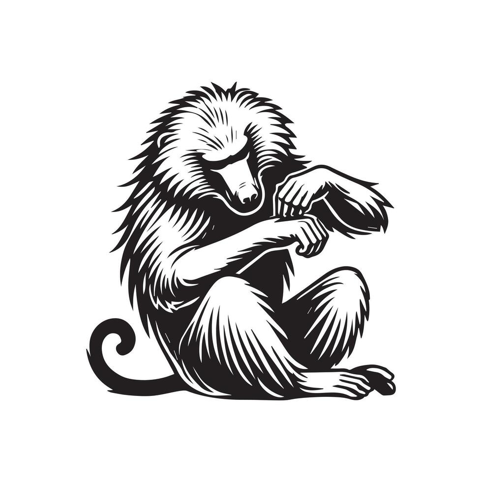 Baboon silhouette, Baboon clipart, A Baboon Grooming Illustration in black and white vector