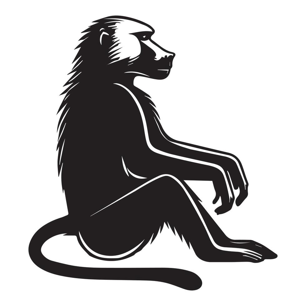 Baboon silhouette, Baboon clipart, A Baboon Sitting in Profile Illustration in black and white vector