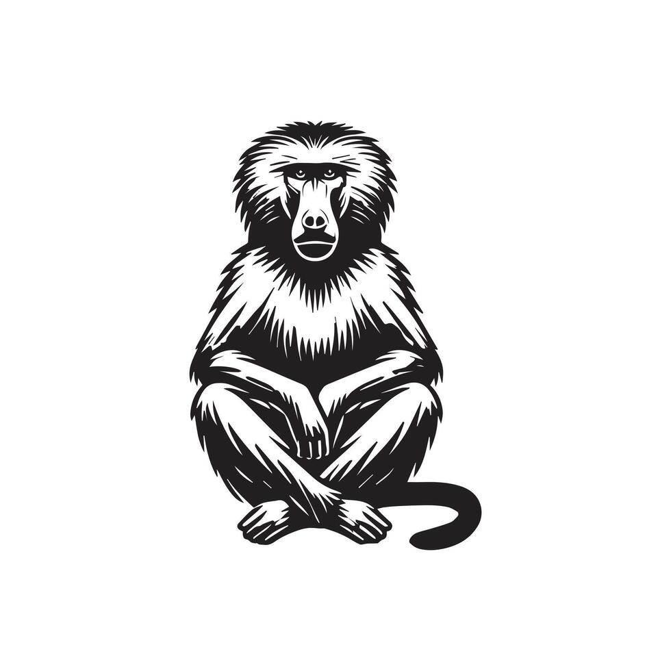 Baboon silhouette, Baboon clipart, A Baboon Sitting Calmly Illustration in black and white vector
